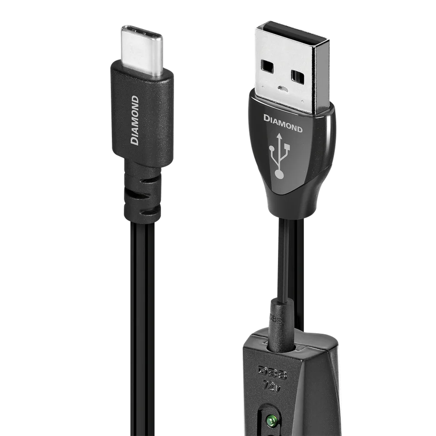 AudioQuest Diamond USB-Kabel Produktansicht mit USB-C- und USB-A-Stecker und 72-V-DBS-Modul