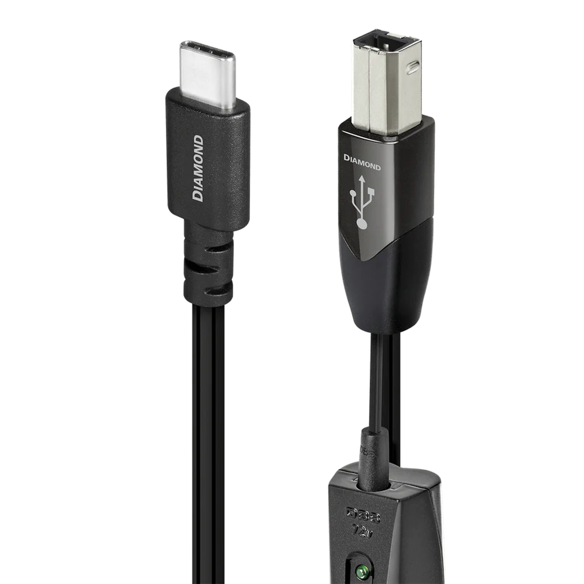 AudioQuest Diamond USB-Kabel Produktansicht mit USB-C- und USB-B-Stecker und 72-V-DBS-Modul