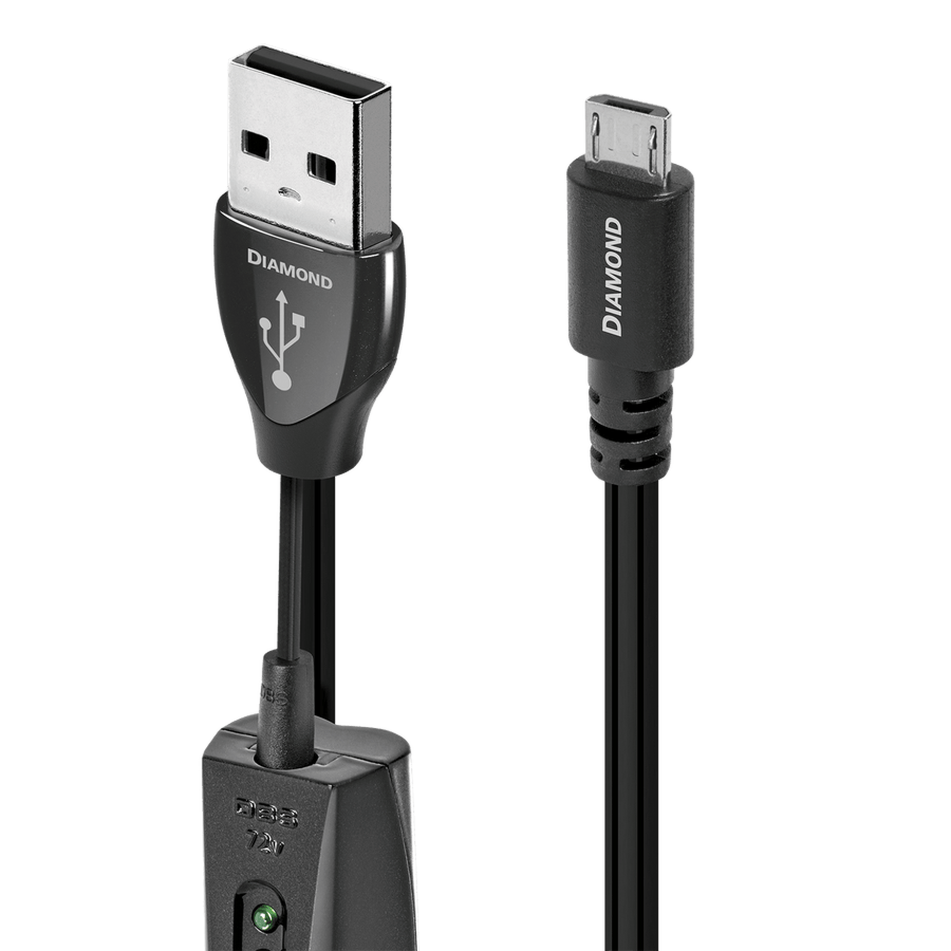 AudioQuest Diamond USB-Kabel Produktansicht mit USB-A- und Micro-USB-B-Stecker und 72-V-DBS-Modul