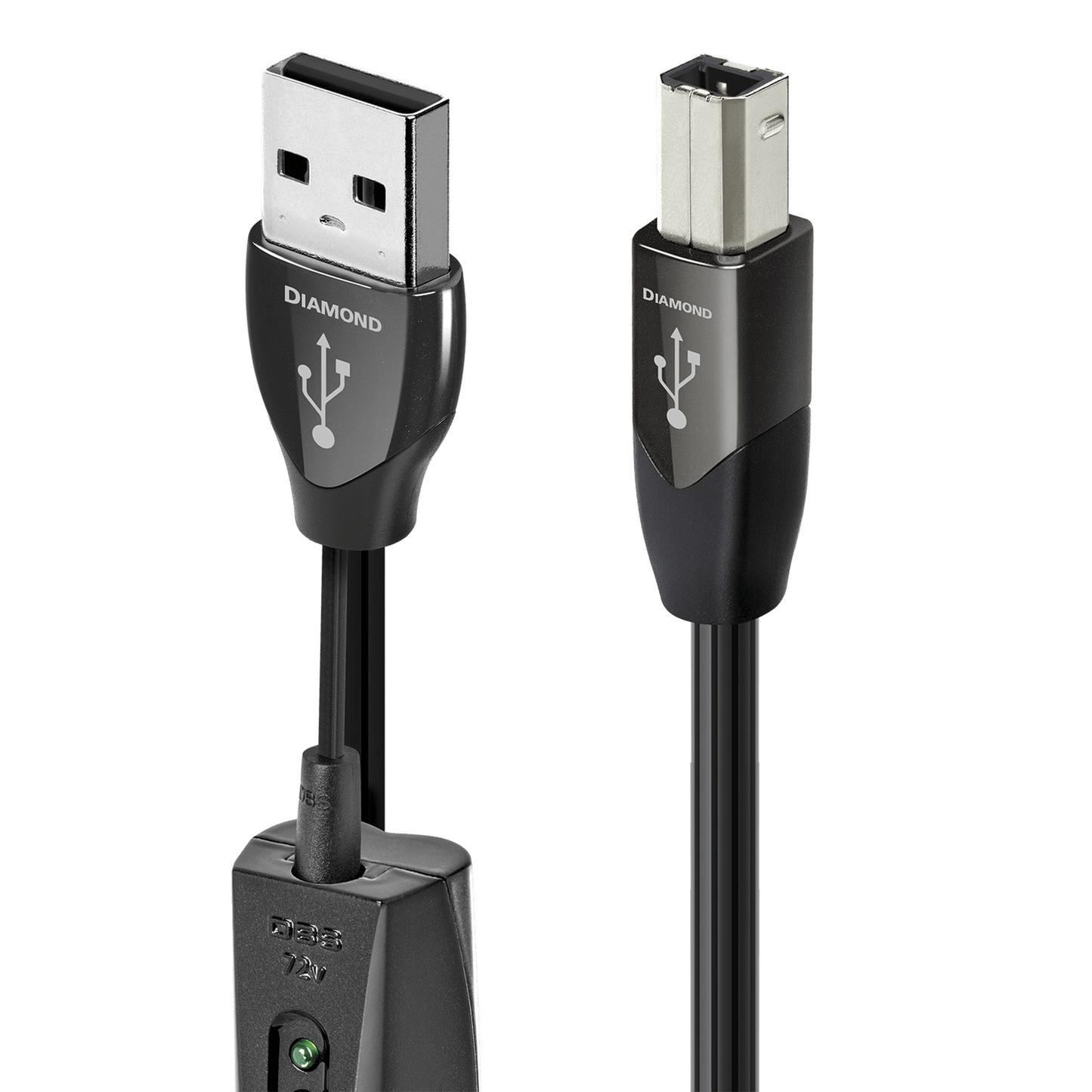 AudioQuest Diamond USB-Kabel Produktansicht mit USB-A- und USB-B-Stecker und 72-V-DBS-Modul