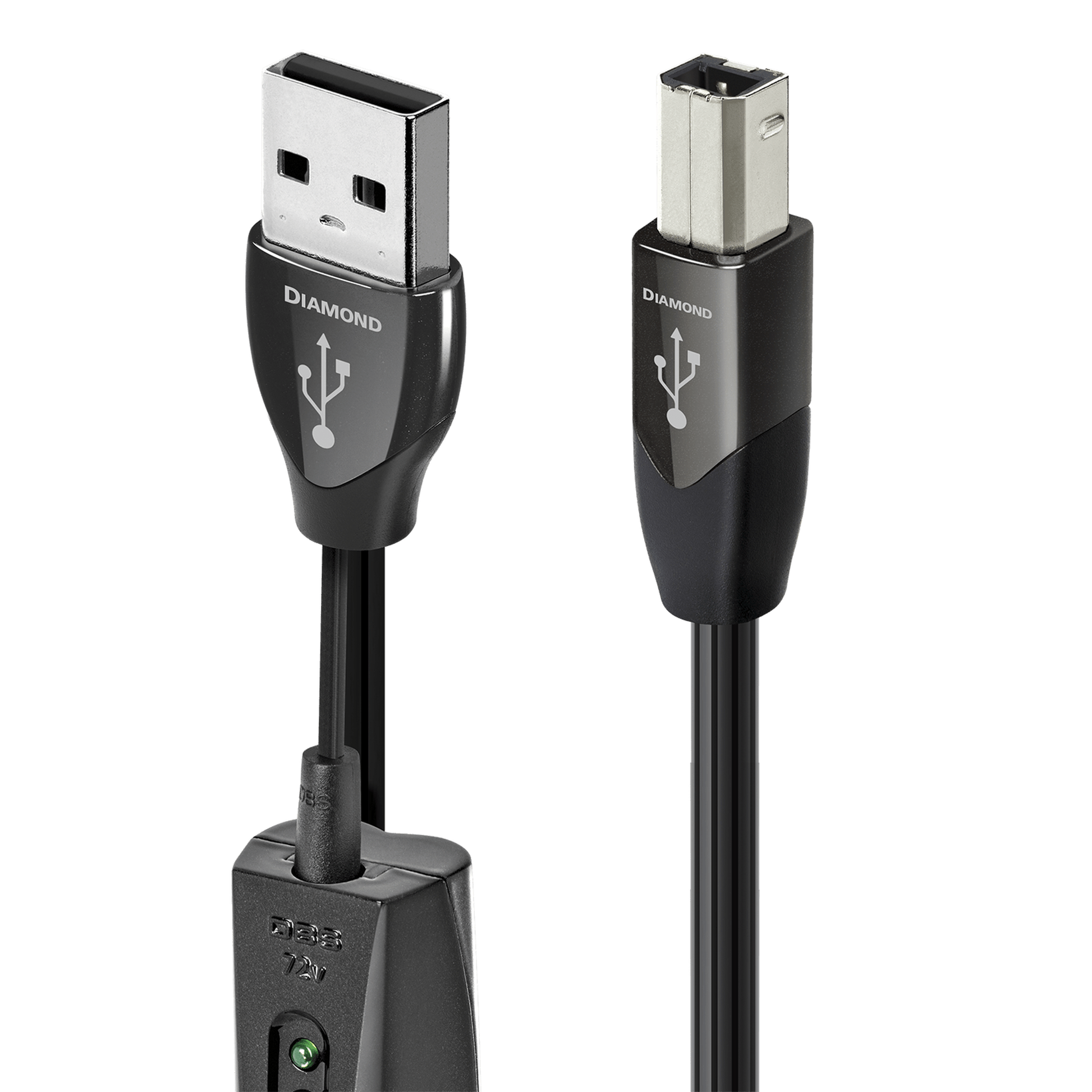 AudioQuest Diamond USB-Kabel Produktansicht mit USB-A- und USB-B-Stecker und 72-V-DBS-Modul