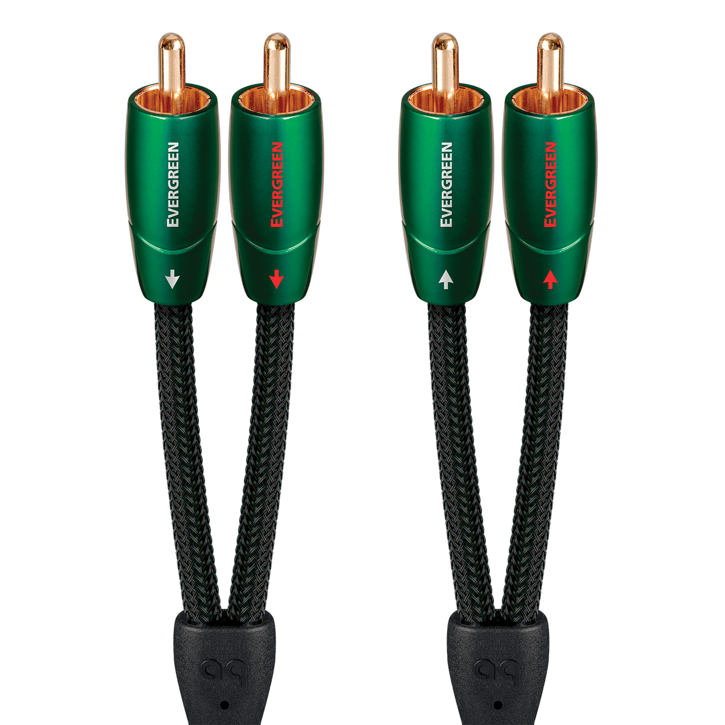 AudioQuest Evergreen NF-Kabel Produktansicht – Cinch/RCA-Stereopaar mit grünen Steckern und vergoldeten Kontakten