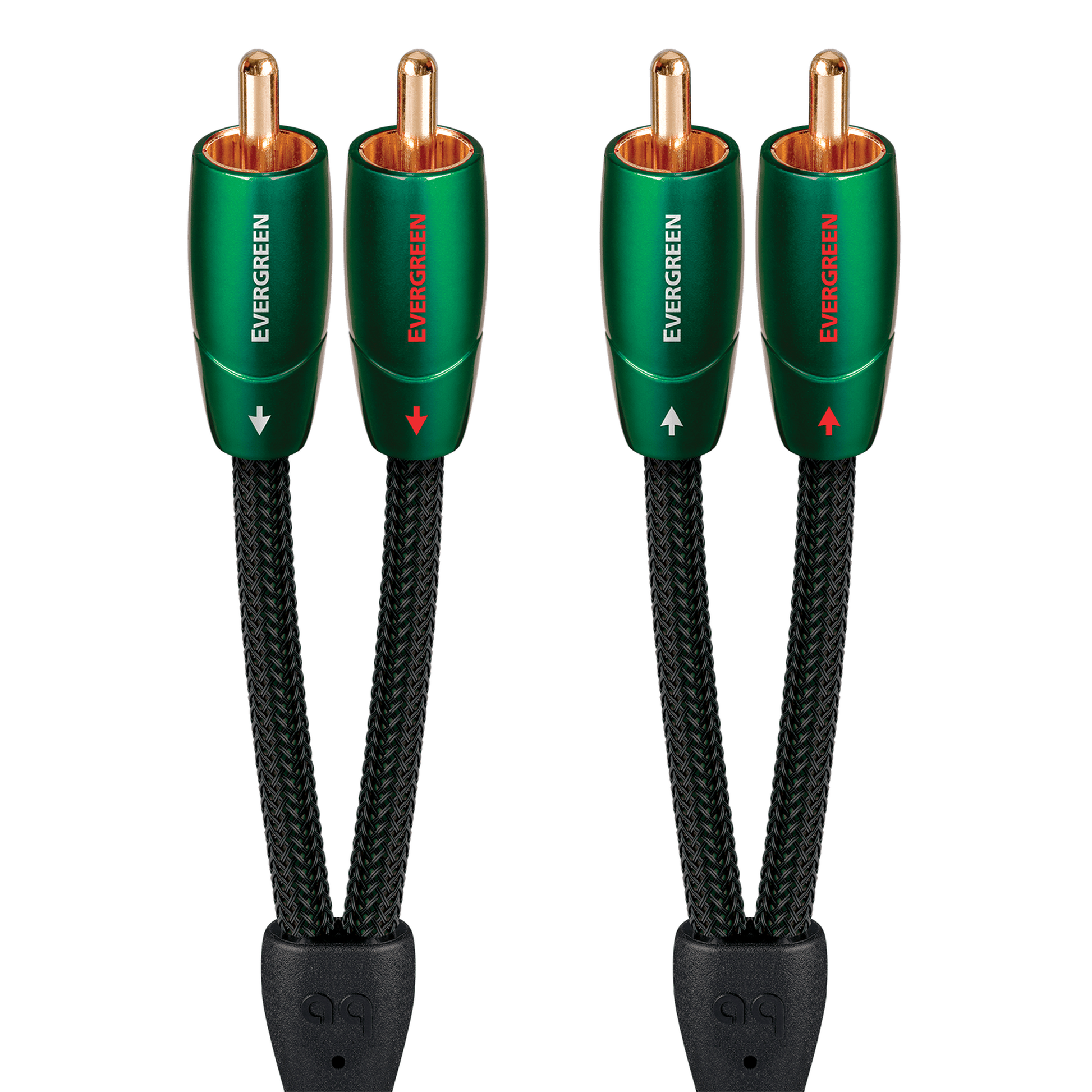 AudioQuest Evergreen NF-Kabel Produktansicht – Cinch/RCA-Stereopaar mit grünen Steckern und vergoldeten Kontakten