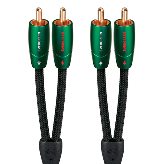 AudioQuest Evergreen NF-Kabel Produktansicht – Cinch/RCA-Stereopaar mit grünen Steckern und vergoldeten Kontakten