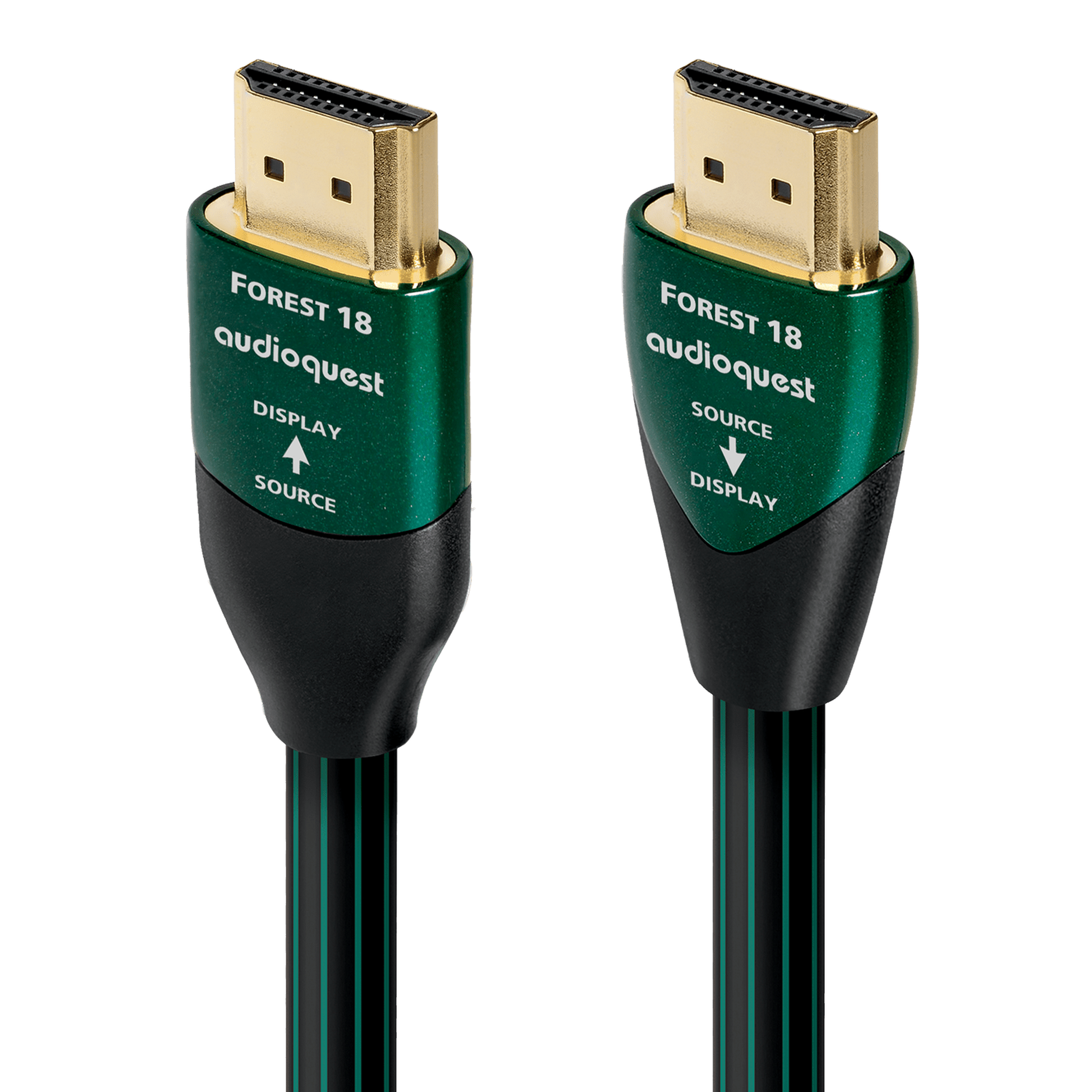 AudioQuest Forest 18 HDMI-Kabel, aktive Langstrecken-Ausführung, Produktansicht mit Display- und Source-Stecker