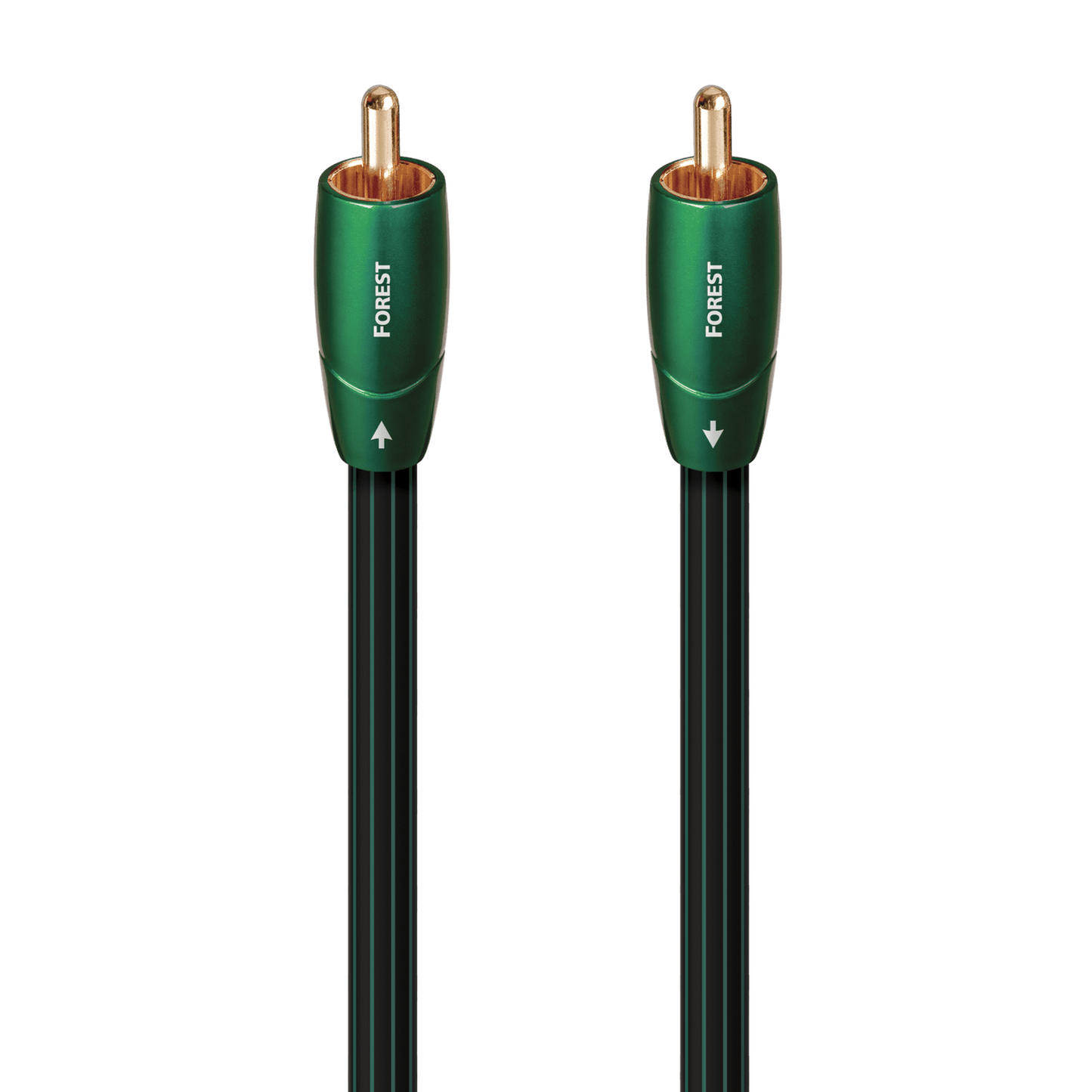 AudioQuest Forest Digital-Koax-Kabel Detailansicht: beide grünen Cinchstecker mit Laufrichtungspfeil