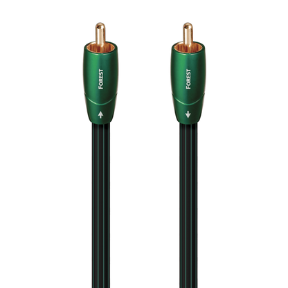 AudioQuest Forest Digital-Koax-Kabel Detailansicht: beide grünen Cinchstecker mit Laufrichtungspfeil