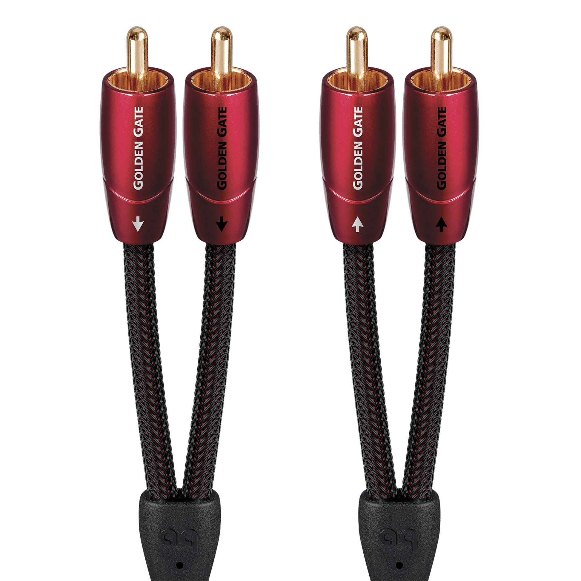 AudioQuest Golden Gate NF-Kabel Produktansicht – Cinch/RCA-Stereopaar mit dunkelroten Steckern, vergoldete Kontakte