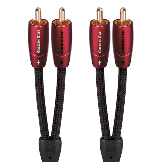 AudioQuest Golden Gate NF-Kabel Produktansicht – Cinch/RCA-Stereopaar mit dunkelroten Steckern, vergoldete Kontakte