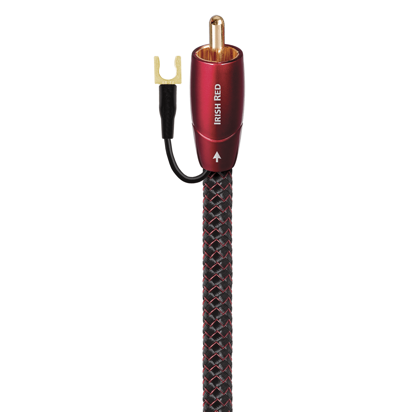AudioQuest Irish Red Subwoofer-Kabel Detailansicht, vergoldeter Cinch-Stecker mit integrierter Masseleitung