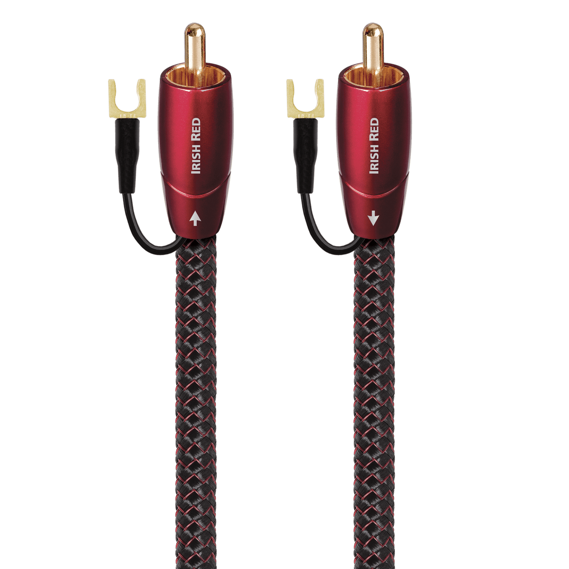 AudioQuest Irish Red Subwoofer-Kabel Produktansicht, beide Cinch-Stecker vergoldet, Geflechtmantel rot-schwarz
