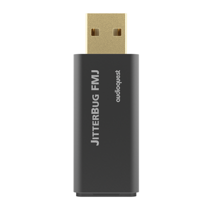 AudioQuest JitterBug FMJ USB-Datenfilter Frontansicht des Aluminiumgehäuses mit USB-A-Stecker