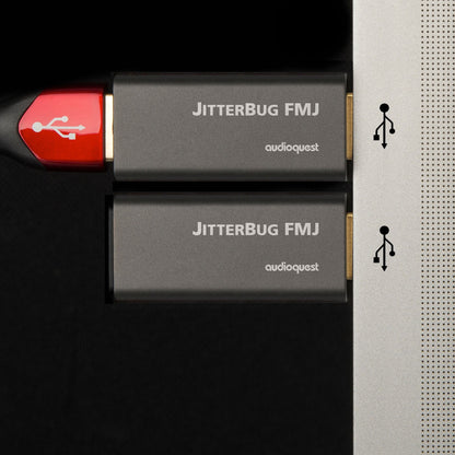 AudioQuest JitterBug FMJ USB-Datenfilter Lifestyle mit zwei Filtern an den USB-Anschlüssen eines Rechners