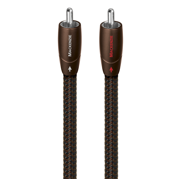 AudioQuest Mackenzie NF-Kabel Produktansicht – Cinch/RCA-Stereopaar mit braunen Steckern und Geflechtmantel