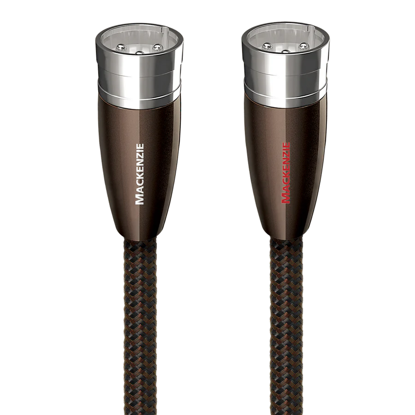 AudioQuest Mackenzie XLR-Kabel Produktansicht – symmetrisches Stereopaar mit braunen XLR-Steckern, PSC+ Leiter