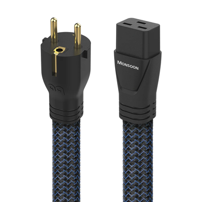 AudioQuest Monsoon Netzkabel Produktansicht mit Schuko-Stecker und IEC-C19-Kupplung für 20 A