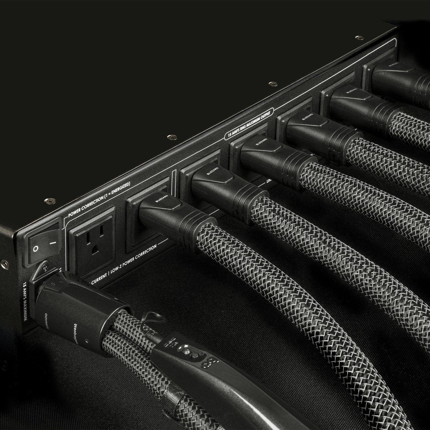 AudioQuest Niagara 3000 Power Conditioner Anschlussfeld mit gesteckten Netzkabeln, abgebildet US-Steckdosen