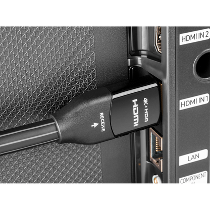 AudioQuest Pearl 18 HDMI-Kabel Detailansicht: Stecker am HDMI-Eingang eines Fernsehers