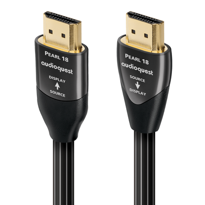AudioQuest Pearl 18 HDMI-Kabel, aktive Langstrecken-Ausführung, Produktansicht mit Display- und Source-Stecker