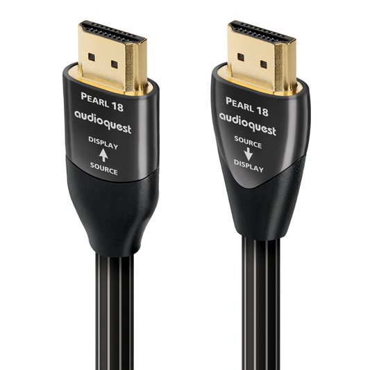 AudioQuest Pearl 18 HDMI-Kabel, aktive Langstrecken-Ausführung, Produktansicht mit Display- und Source-Stecker