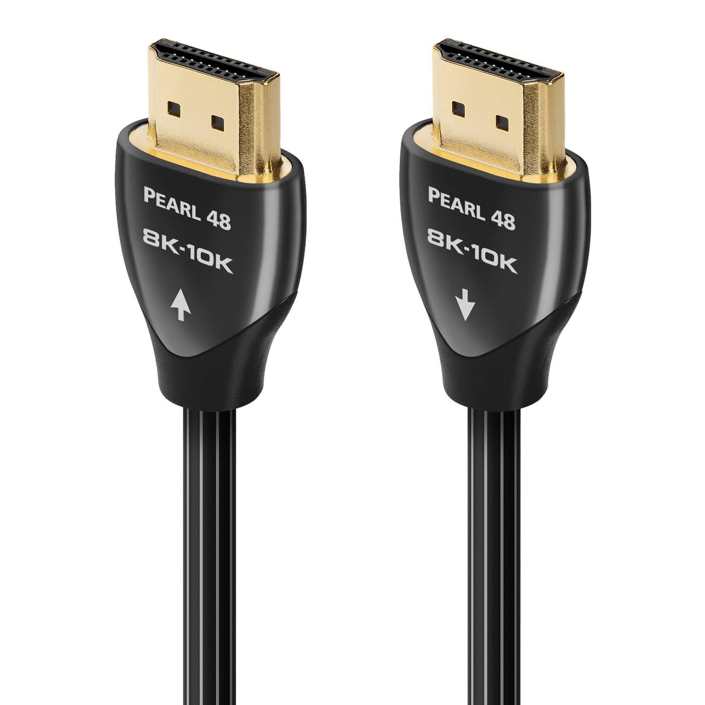 AudioQuest Pearl 48 HDMI-Kabel Produktansicht mit beiden Steckern und Richtungspfeilen, 8K-10K, 48 Gbps