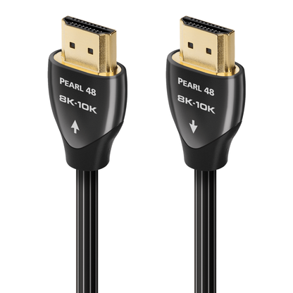 AudioQuest Pearl 48 HDMI-Kabel Produktansicht mit beiden Steckern und Richtungspfeilen, 8K-10K, 48 Gbps