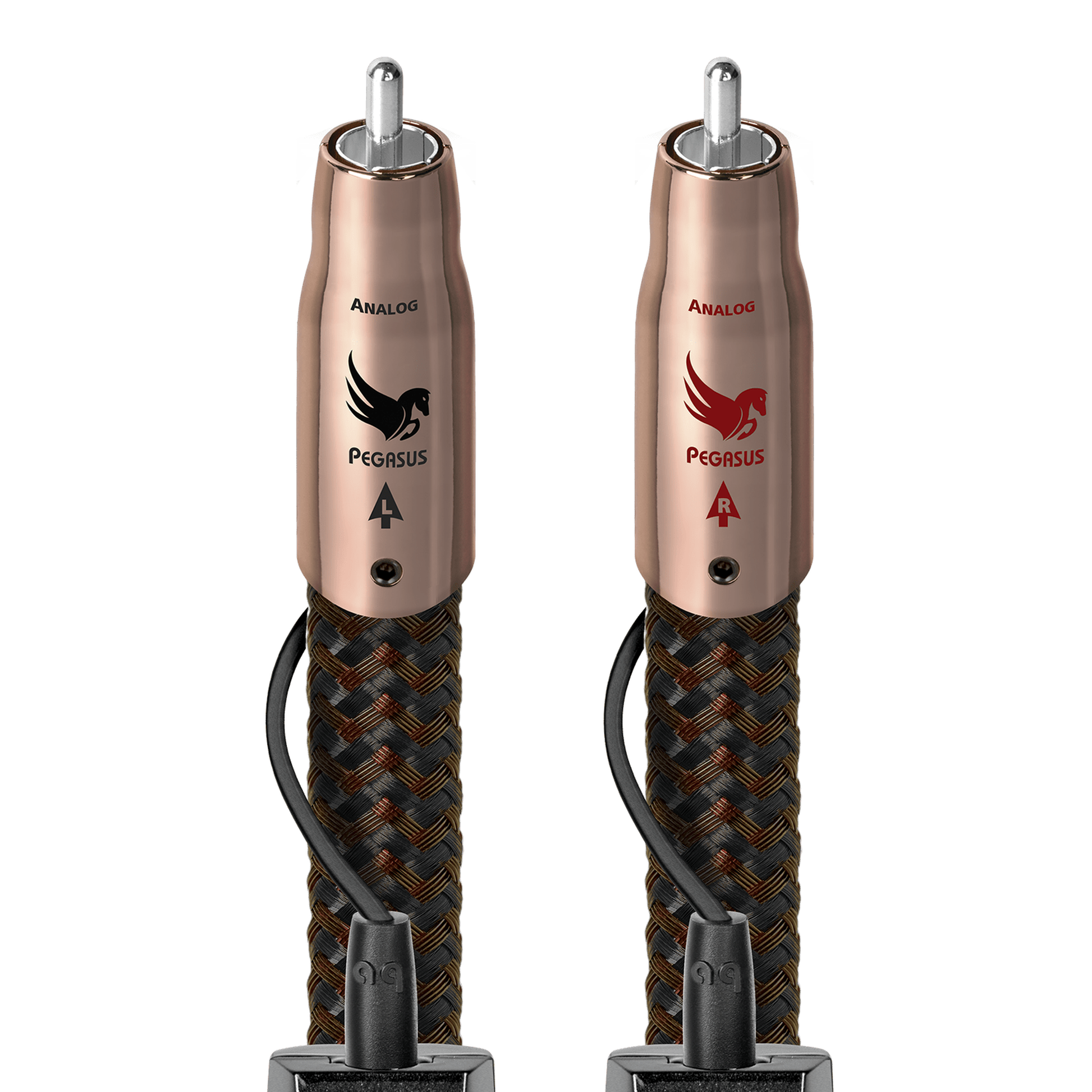 AudioQuest Pegasus NF-Kabel Produktansicht – Cinch/RCA-Stereopaar mit rotgoldenen Steckern und braunem Geflecht