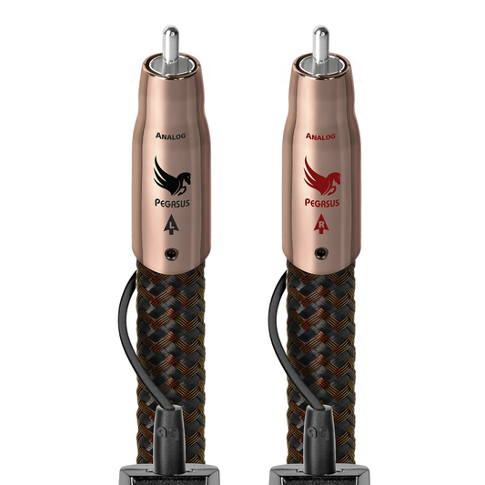 AudioQuest Pegasus NF-Kabel Produktansicht – Cinch/RCA-Stereopaar mit rotgoldenen Steckern und braunem Geflecht