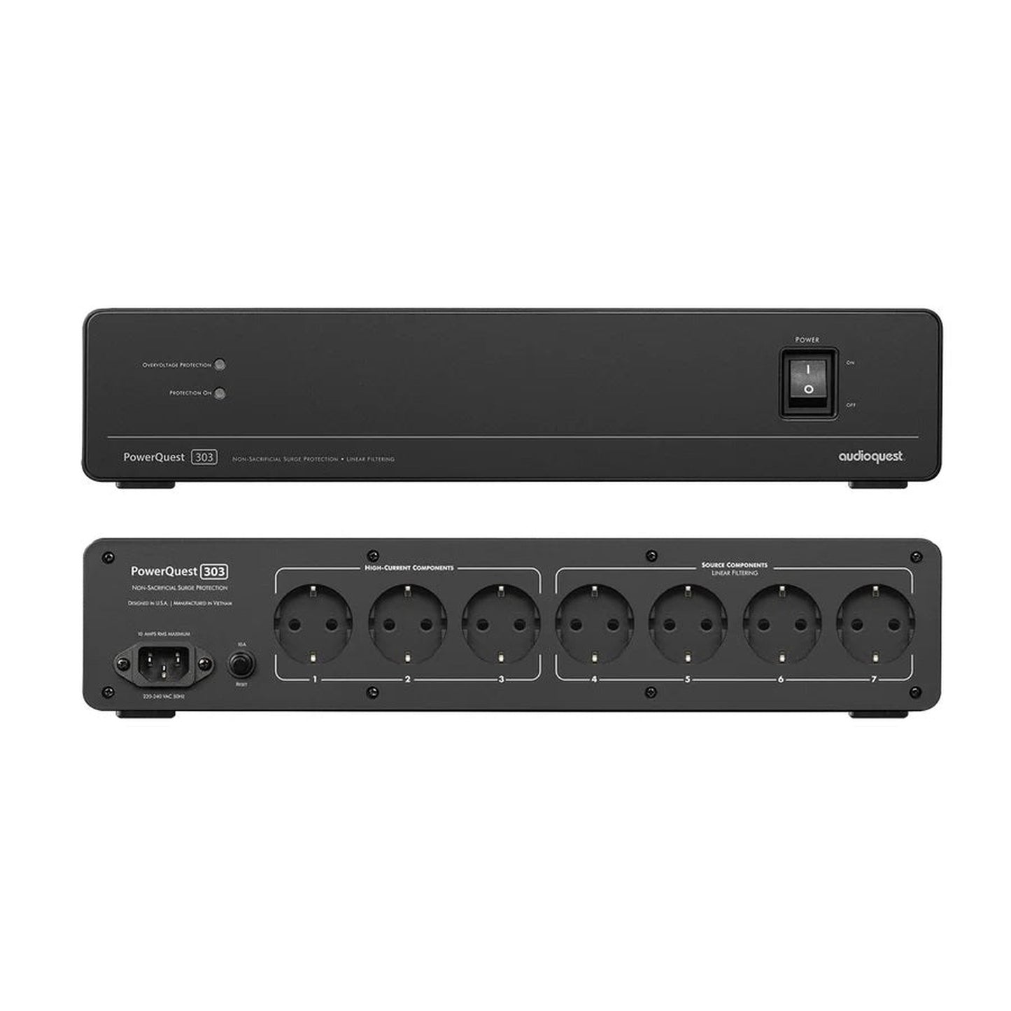 AudioQuest PowerQuest 303 Power Conditioner Produktansicht mit Bedienfront und Rückseite mit sieben Schuko-Ausgängen