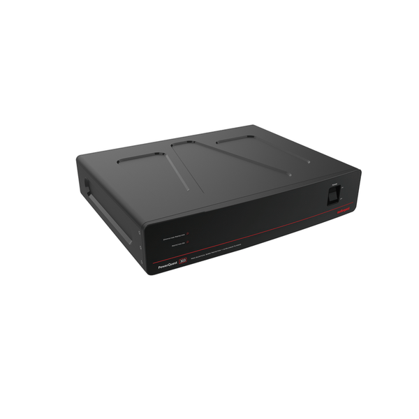 AudioQuest PowerQuest 303 Power Conditioner Schrägansicht von oben mit Gehäusedeckel und Netzschalter