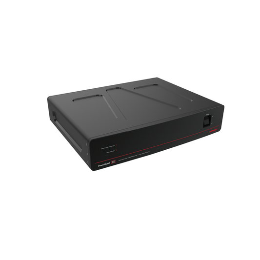 AudioQuest PowerQuest 303 Power Conditioner Schrägansicht von oben mit Gehäusedeckel und Netzschalter