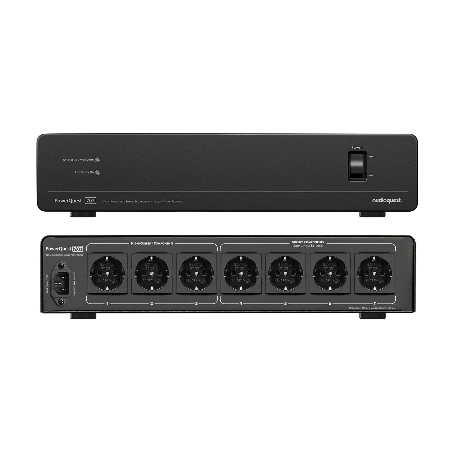 AudioQuest PowerQuest 707 Power Conditioner Produktansicht mit Bedienfront und Rückseite mit sieben Schuko-Ausgängen