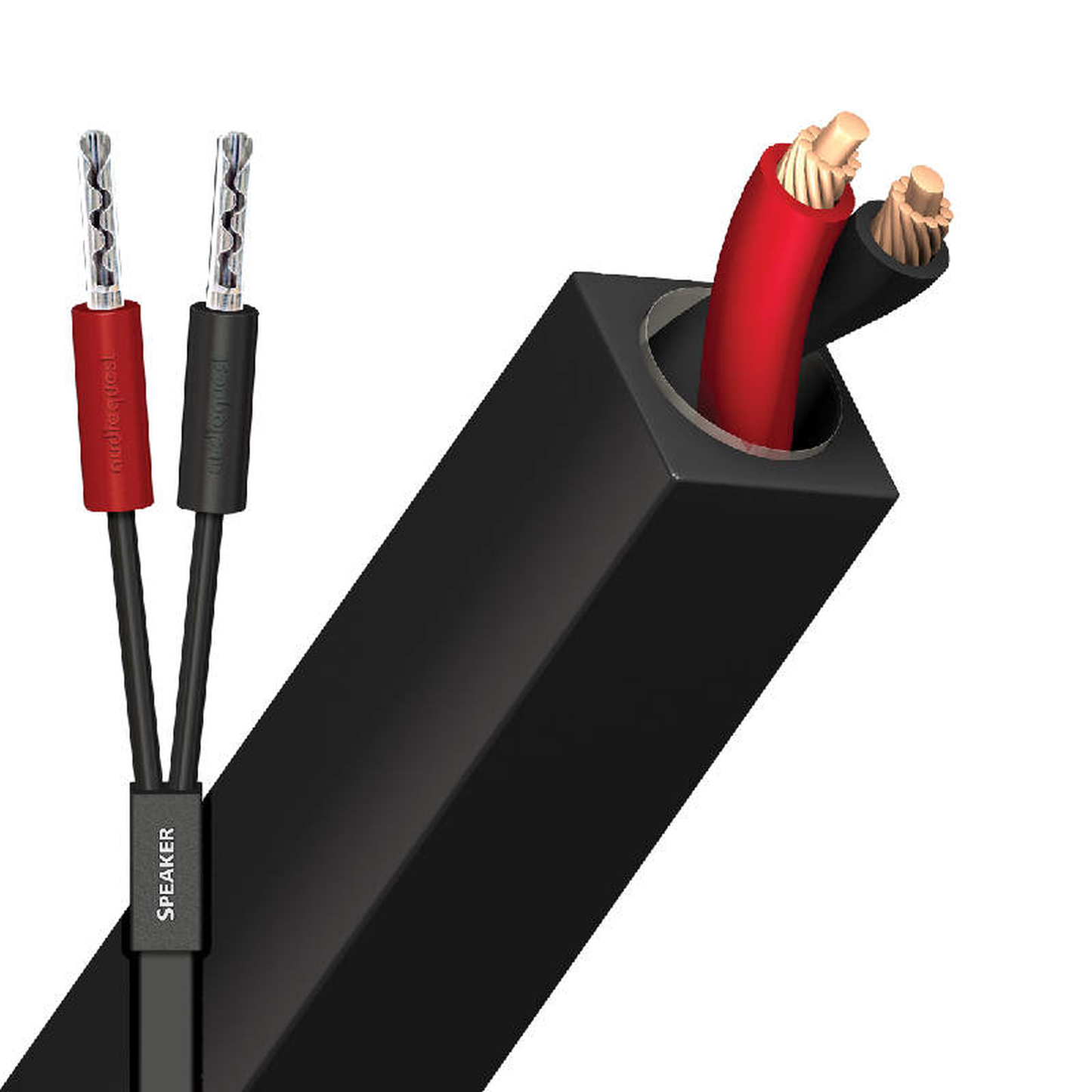 AudioQuest Q-2 Lautsprecherkabel Produktansicht, blanke Kabelenden und Schnittmodell des Flachmantels