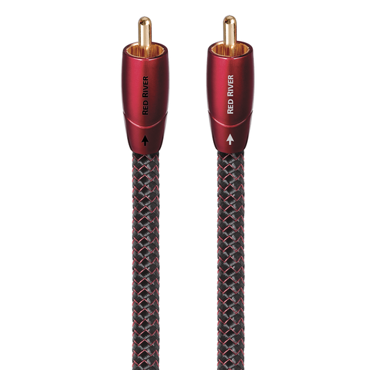 AudioQuest Red River NF-Kabel Produktansicht – Cinch/RCA-Stereopaar mit roten Steckern und rot-schwarzem Geflecht
