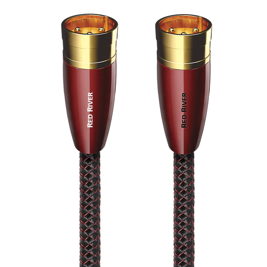 AudioQuest Red River XLR-Kabel Produktansicht – symmetrisches Stereopaar mit roten XLR-Steckern, vergoldete Kontakte
