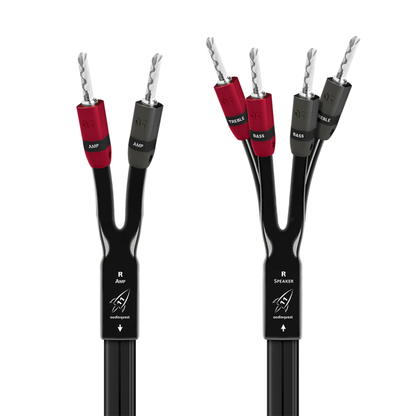 AudioQuest Rocket 11 Lautsprecherkabel Produktansicht, Single-BiWire mit vier Bananensteckern am Lautsprecher