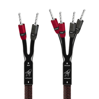 AudioQuest Rocket 33 Lautsprecherkabel Produktansicht, Single-BiWire mit vier Bananensteckern am Lautsprecher