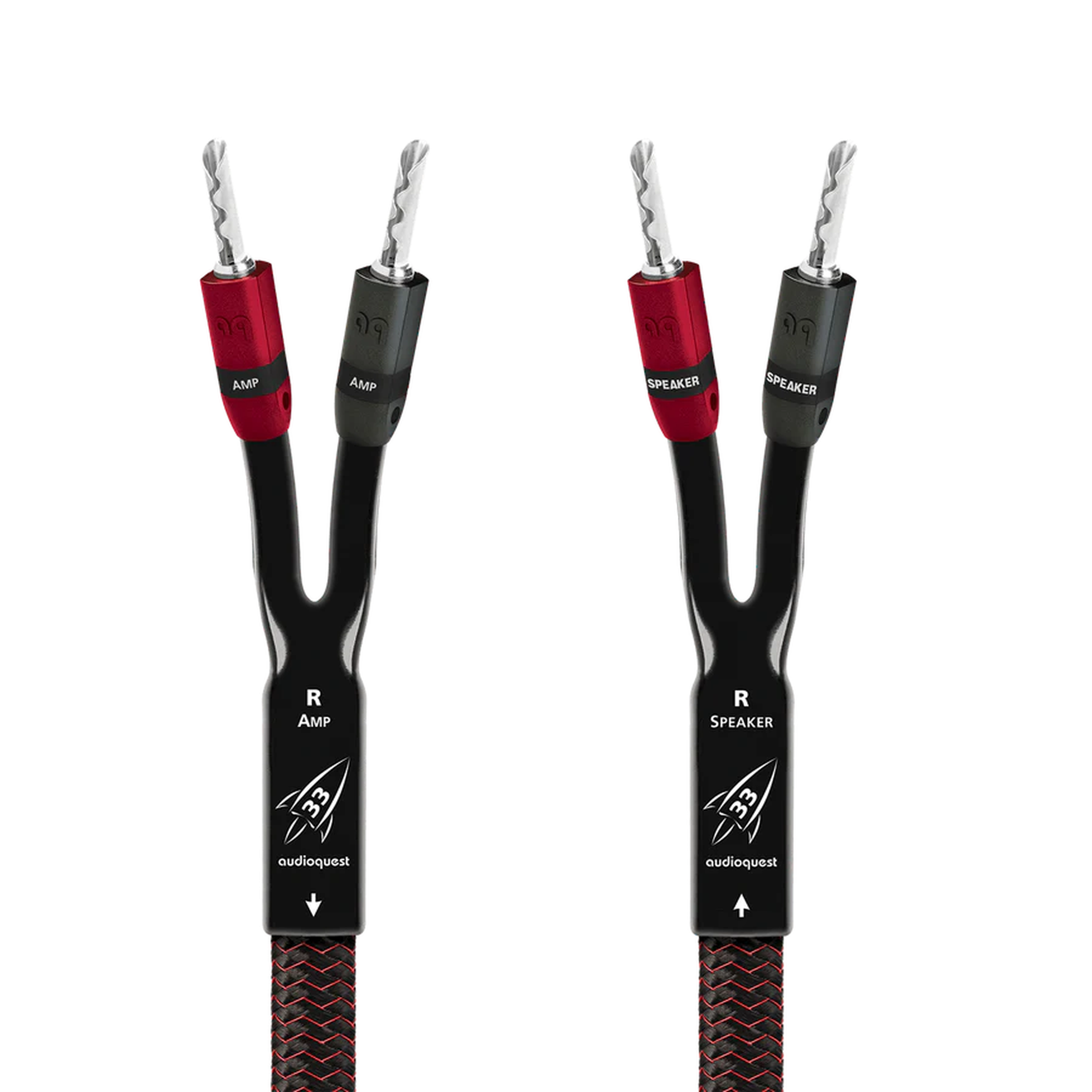 AudioQuest Rocket 33 Lautsprecherkabel Produktansicht, Full-Range mit Bananensteckern, Geflechtmantel rot-schwarz