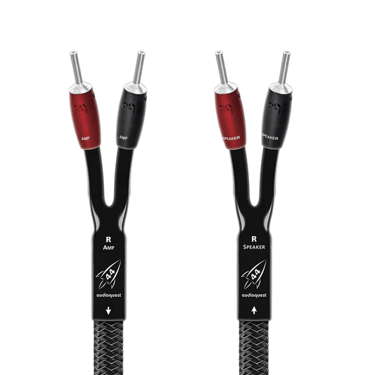 AudioQuest Rocket 44 Lautsprecherkabel Produktansicht, Full-Range mit Bananensteckern, Geflechtmantel silber-schwarz