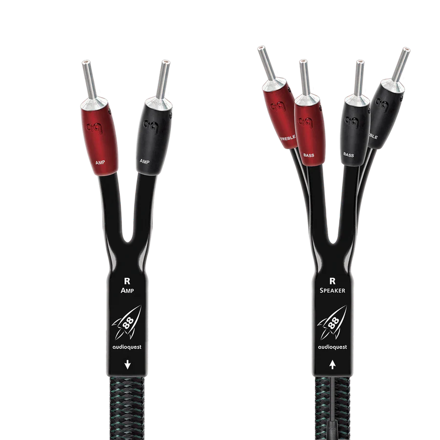 AudioQuest Rocket 88 Lautsprecherkabel Produktansicht, Single-BiWire mit vier Bananensteckern am Lautsprecher
