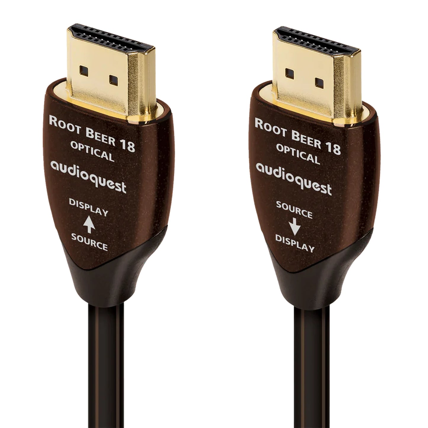 AudioQuest Root Beer 18 HDMI-Kabel aktiv-optisch, Produktansicht mit Display- und Source-Stecker