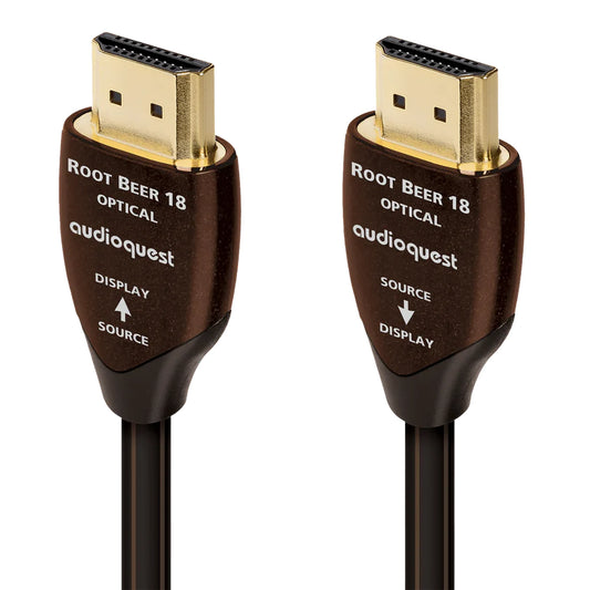 AudioQuest Root Beer 18 HDMI-Kabel aktiv-optisch, Produktansicht mit Display- und Source-Stecker