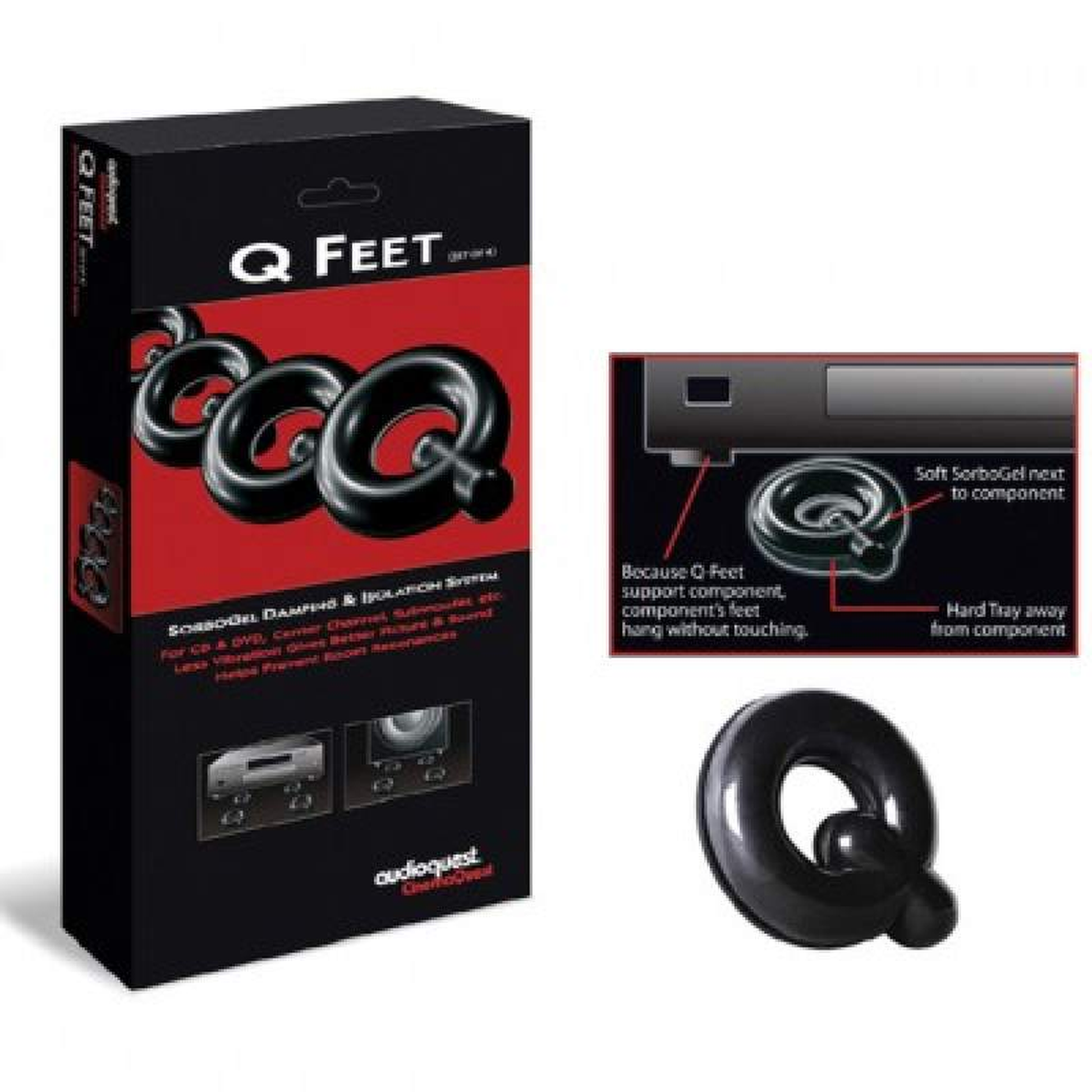 AudioQuest SorboGel Q-Füsse Geräte-Absorber Verpackung mit Anwendungsgrafik und einzelnem Q-Fuss