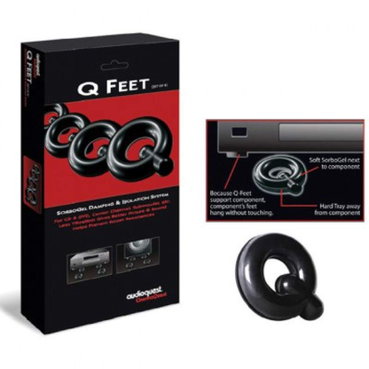 AudioQuest SorboGel Q-Füsse Geräte-Absorber Verpackung mit Anwendungsgrafik und einzelnem Q-Fuss