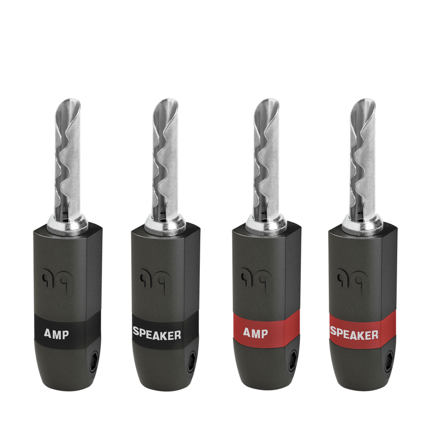 AudioQuest SureGrip 300 Lautsprecher-Stecker 4er-Set Bananenstecker Setansicht mit AMP- und SPEAKER-Kennzeichnung