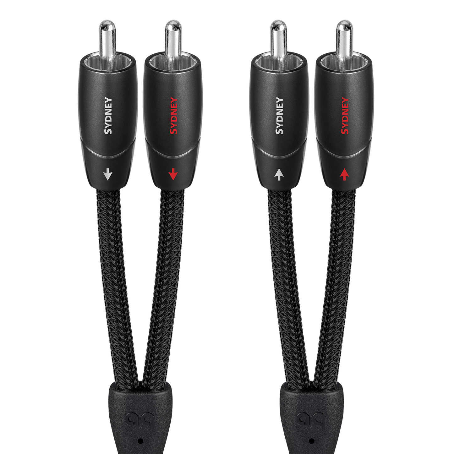 AudioQuest Sydney NF-Kabel Produktansicht – Cinch/RCA-Stereopaar mit schwarzen Steckern und Richtungspfeilen