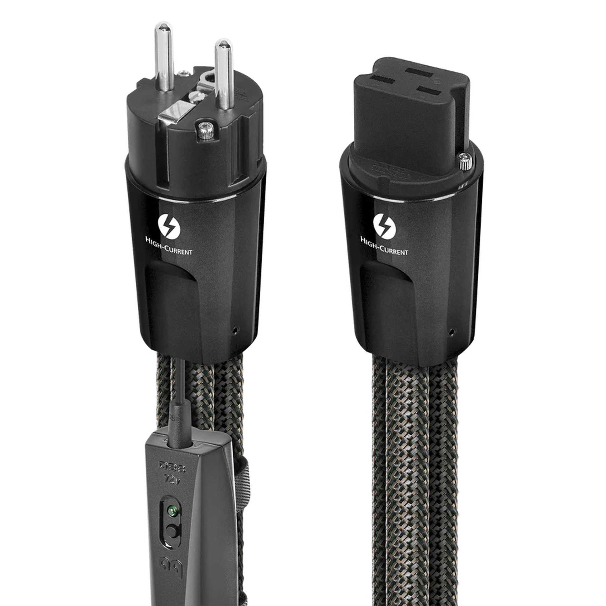AudioQuest Thunder Netzkabel Produktansicht mit Schuko-Stecker und IEC-C19-Kupplung für 20 A