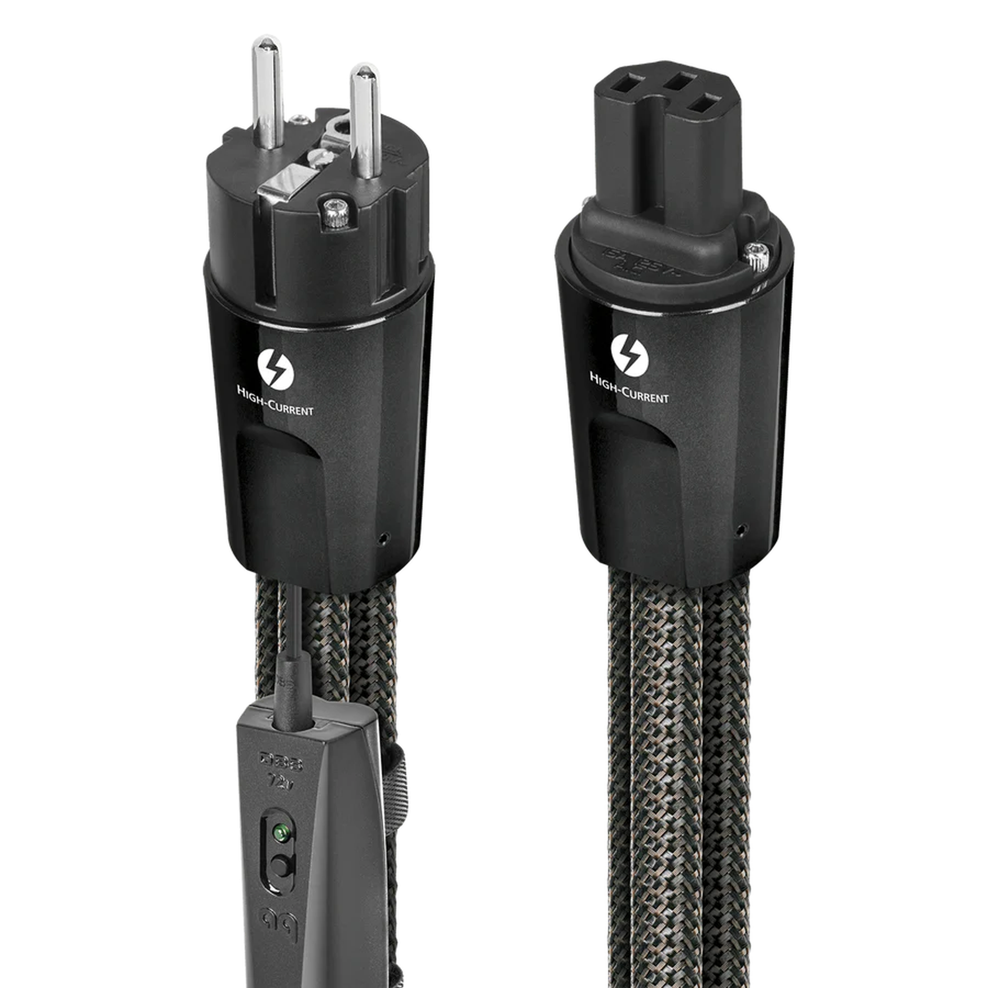 AudioQuest Thunder Netzkabel Produktansicht mit Schuko-Stecker und IEC-C15-Kupplung