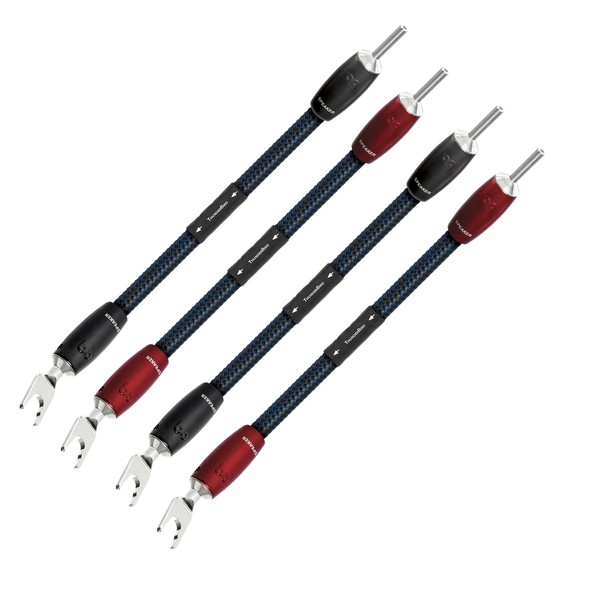 AudioQuest ThunderBird BiWire Jumper Setansicht, Brücken mit Bananenstecker und Kabelschuh, blauer Geflechtmantel
