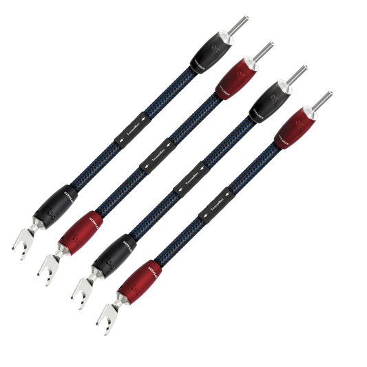 AudioQuest ThunderBird BiWire Jumper Setansicht, Brücken mit Bananenstecker und Kabelschuh, blauer Geflechtmantel